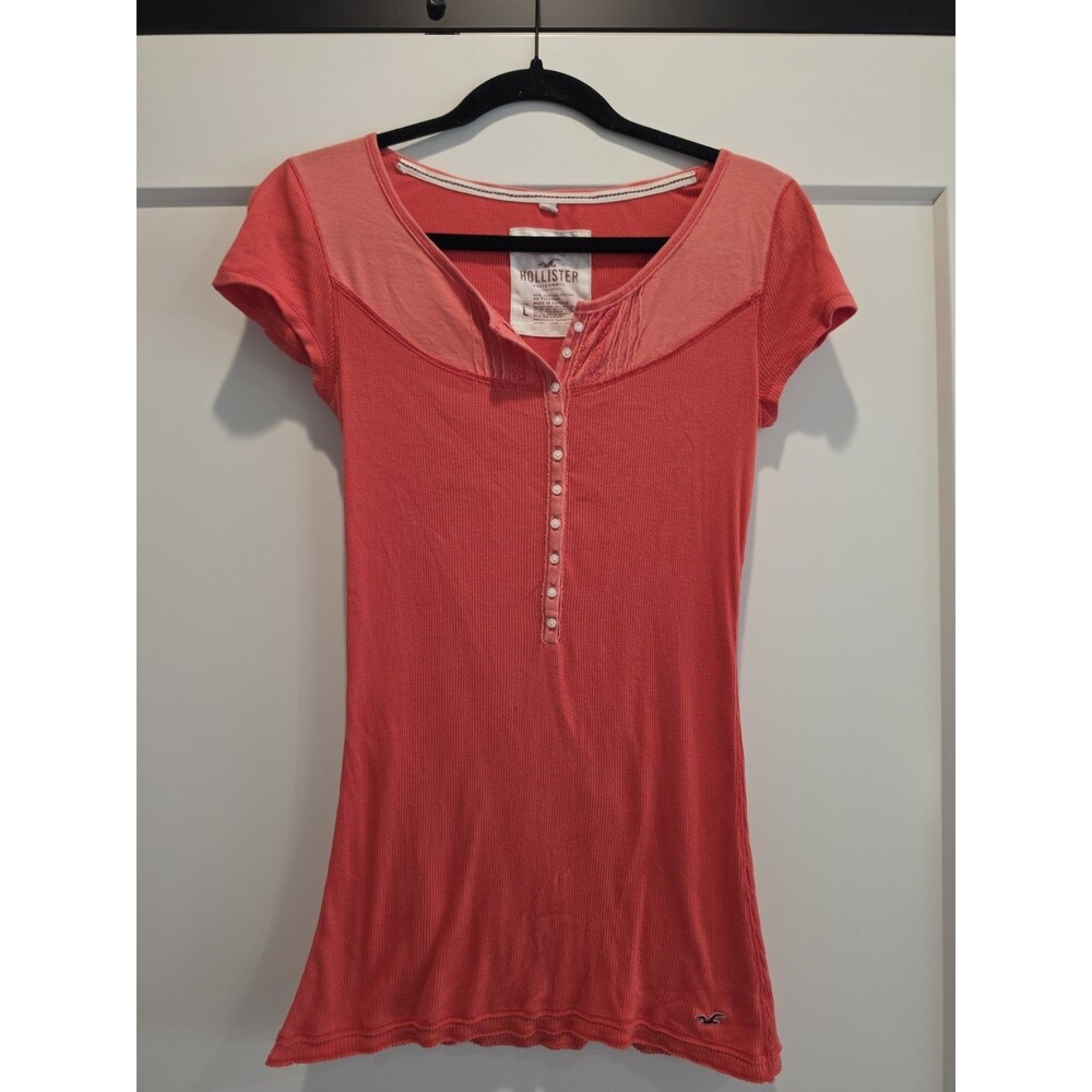 Vintage Y2K Hollister Henley Short Sleeve Baby Doll Shirt Stretch Buttons Ribbed